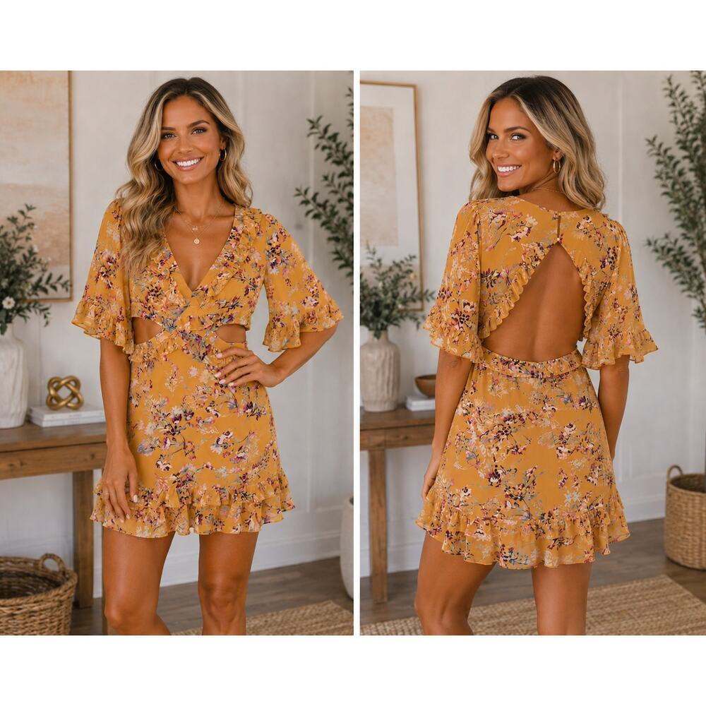 Angel Biba Boho Yellow Floral Ruffle Cutout Dress – Size Small
